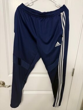 adidas Navy Blue Joggers with White Three-Stripes & zip up bottoms